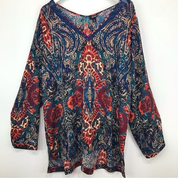 ANA Jewel tone Paisley Print Lightweight Flowy V Neck Roll Sleeve Blouse NEW - Picture 2 of 16